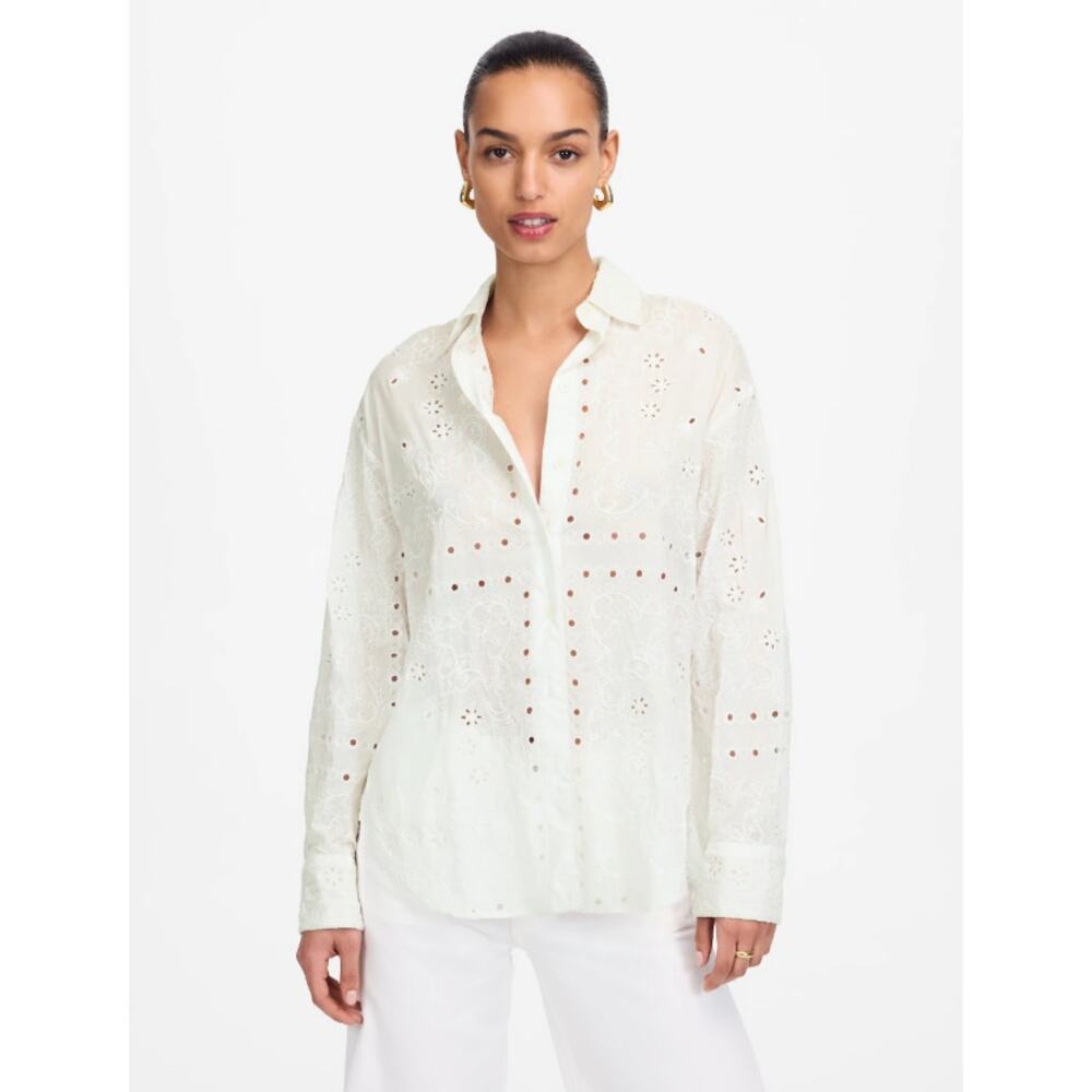 Madewell Embroidered Oversized Button-Up Shirt Womens L White Eyelet Long Sleeve